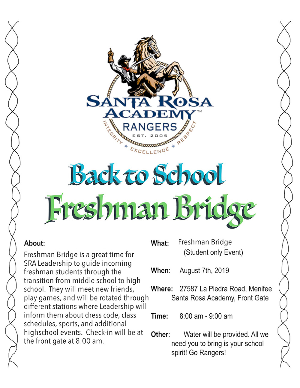 Freshman Bridge Santa Rosa Academy Wednesday, August 7 2019